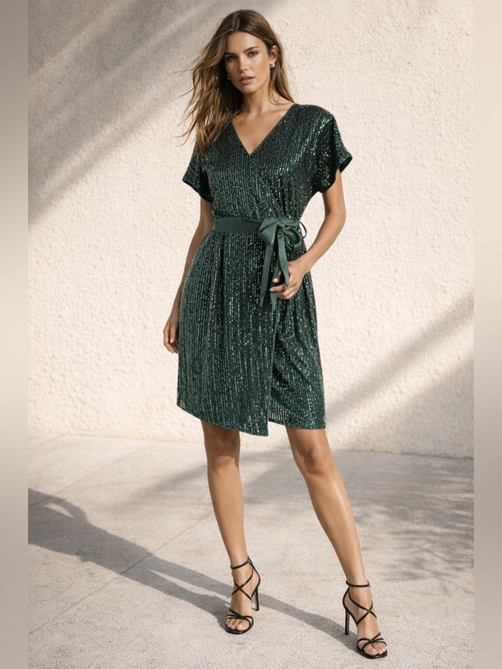 Green Sequin Wrap Dress Sparkle Mini Party Dress Medium Holiday Cocktail